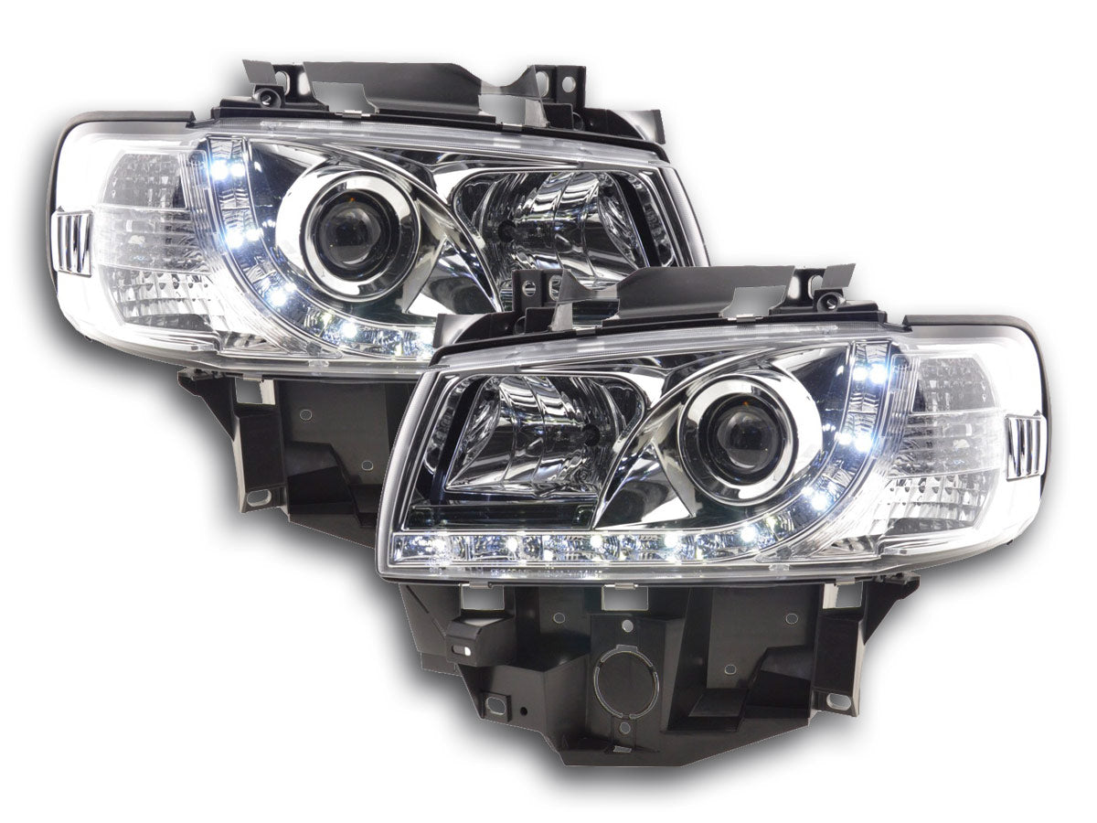 Scheinwerfer Set Daylight LED TFL-Optik VW Bus Typ T4 96-03 chrom für Rechtslenker Scheinwerfer Set Daylight LED TFL-Optik VW Bus Typ T4 96-03 chrom für Rechtslenker